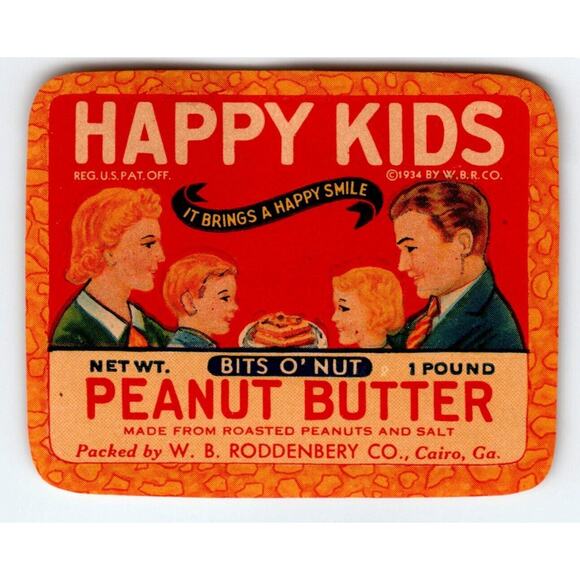 Happy Kids Peanut Butter Vintage Jar Label 1940s Boy Girl Mom Dad Bits O Nut - Picture 1 of 2